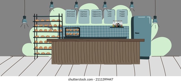 
Stylized colored coffee shop. Coffee shop space with counter