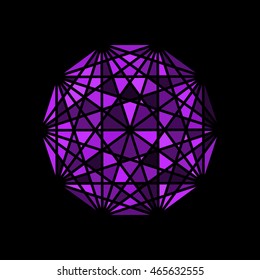 Stylized colored crystal, abstract shiny geometric composition flying on black background