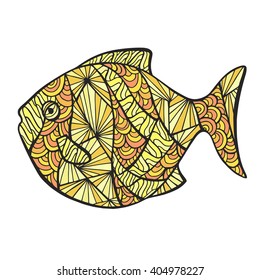 Stylized colored fish, zen tangle isolated on white background. Vector sketch for tattoo. Zen art for your sea design.