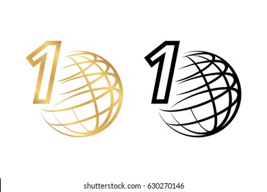 Stylized colored gold and black icon or logo of the globe or globe with the number 1, the first on the planet, an isolated on background vector for design or infographics.