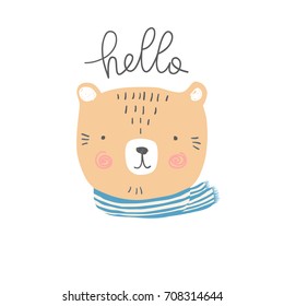 stylized colored hand drawn Illustration of cute bear head with hello quote. design for kids print clothing textile cards and other