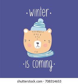 stylized colored hand drawn Illustration of cute bear head with snowflakes. Winter is coming quote. winter background design for kids print clothing textile cards and other