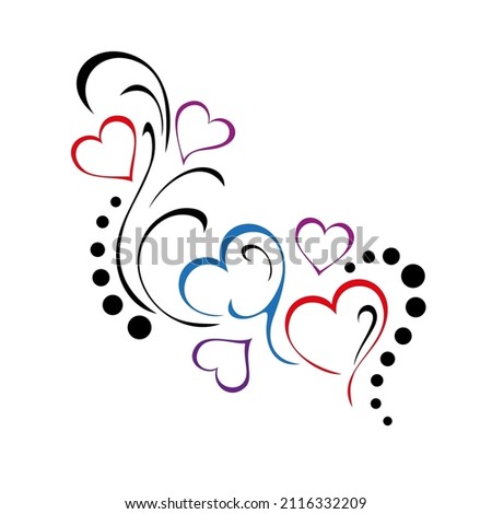 stylized colored hearts with swirls. graphic decor