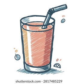A stylized colored pencil sketch of a single glass filled with orange juice featuring a drinking straw and small decorative fruit icons surrounding it on a white background