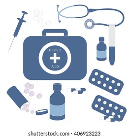 Stylized colored set of various medical devices and drugs first aid kit on a white background