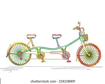 Stylized colored tandem bicycle design over white background