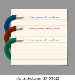 Stylized colored writing pen design for infographics, business design,step presentation, web design.Vector EPS10 