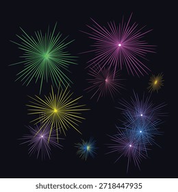 Fogos de artifício abstratos coloridos estilizados explodem em múltiplas explosões radiantes de azul amarelo roxo verde e laranja contra um fundo noturno preto sólido, criando um padrão visual dinâmico e comemorativo perfeito para promoções de férias ou convites para festas.
