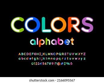 stylized colorful alphabet design with uppercase, lowercase, numbers and symbols