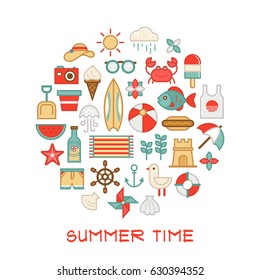 Stylized colorful background with summer icons. Vector illustration.