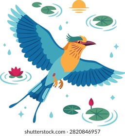 A stylized, colorful bird with blue wings and an orange chest flies over a pond with lily pads, lotus flowers, and raindrops.