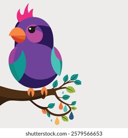 Stylized, colorful bird with purple, pink, orange, and teal plumage, perched on a brown branch with leaves and dangling shapes against a gray background.