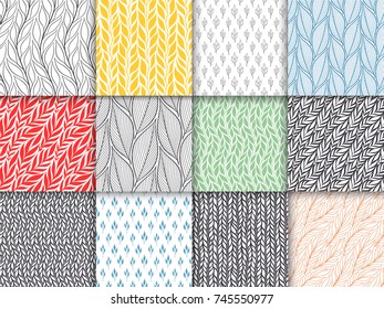 Stylized colorful branches and leaves seamless pattern set. Nature universal textures. Hand drawn decorative floral ornamental background. Vector illustration