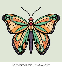 A stylized, colorful butterfly illustration with intricate patterns and bright, eye-catching hues