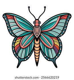 A stylized, colorful butterfly with intricate patterns and a decorative design