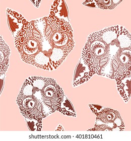 Stylized colorful cat portrait seamless pattern.