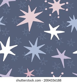 Stylized colorful different stars on a blue background. Seamless pattern. Vector illustration.