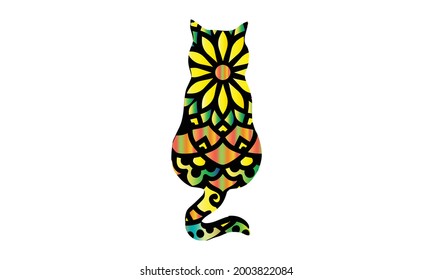 Stylized colorful doodle cat. Hand drawn cartoon animal illustration, coloring book page