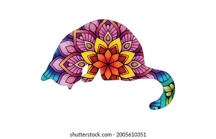 Stylized colorful doodle cat. Hand drawn cartoon animal illustration, coloring book page. Decorative ornate for T-shirt emblem, logo or tattoo. Zen art, isolated design element