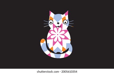 Stylized colorful doodle cat. Hand drawn cartoon animal illustration, coloring book page. Decorative ornate for T-shirt emblem, logo or tattoo. Zen art, isolated design element