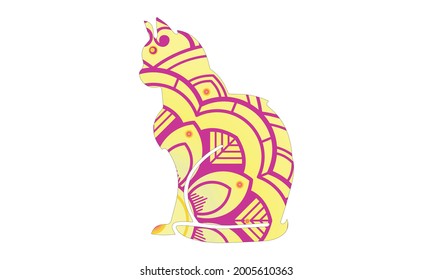 Stylized colorful doodle cat. Hand drawn cartoon animal illustration, coloring book page. Decorative ornate for T-shirt emblem, logo or tattoo. Zen art, isolated design element