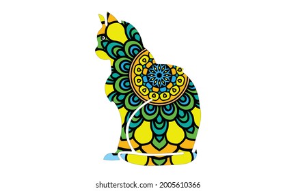 Stylized colorful doodle cat. Hand drawn cartoon animal illustration, coloring book page. Decorative ornate for T-shirt emblem, logo or tattoo. Zen art, isolated design element