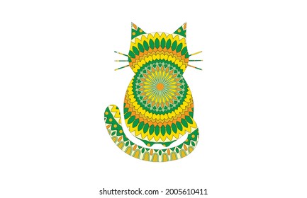 Stylized colorful doodle cat. Hand drawn cartoon animal illustration, coloring book page. Decorative ornate for T-shirt emblem, logo or tattoo. Zen art, isolated design element