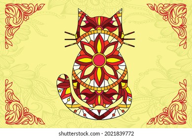 El gato del doodle es de colores estilizados. Dibujo manual de ilustración animal, página del libro de coloreo. Decorativo adorno para emblema de camisetas, logotipo o tatuaje. Arte zen, elemento de diseño aislado.