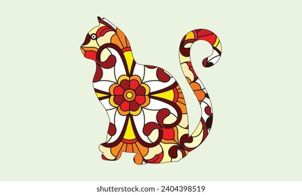 Stylized colorful doodle cat. Hand drawn cartoon animal illustration, coloring book page. Decorative ornate for T-shirt emblem, logo or tattoo. Zen ar