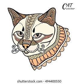 Stylized colorful doodle cat. Hand drawn cartoon animal illustration, coloring book page. Decorative ornate cat for T-shirt emblem, logo or tattoo. Zen art, isolated design element