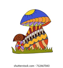 Stylized colorful doodle Mushroom. Hand drawn in zen tangle style. Vector illustration. Made by trace from sketch.