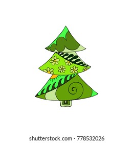 Stylized colorful doodle Tree. Hand drawn in zentangle style. Christmas design. Vector illustration. Made by trace from sketch.