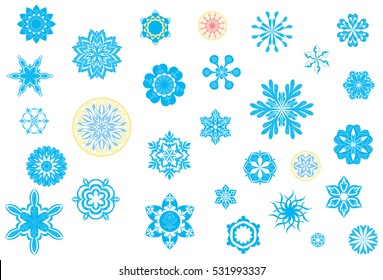 Stylized colorful flower bud shapes collection in various color tones and ornate blossom forms