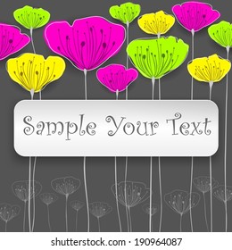 Stylized colorful flowers card with text, vector illustration