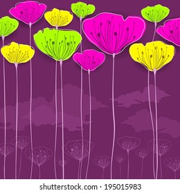 Stylized colorful flowers card, vector illustration