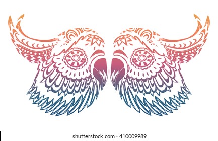 Stylized colorful gradient parrot portraits on white background. 