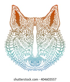 Stylized colorful gradient wolf portrait on white background.
