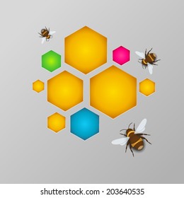 stylized colorful honeycomb with honey and bees, gray background 