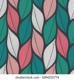 Stylized colorful leaves seamless pattern. Nature universal textures. Hand drawn decorative floral ornamental background. Vector illustration