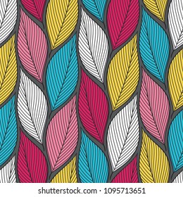 Stylized colorful leaves seamless pattern. Nature universal textures. Hand drawn decorative floral ornamental background. Vector illustration