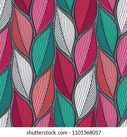 Stylized colorful leaves seamless pattern. Nature universal textures. Hand drawn decorative floral ornamental background. Vector illustration