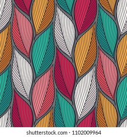 Stylized colorful leaves seamless pattern. Nature universal textures. Hand drawn decorative floral ornamental background. Vector illustration