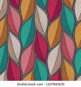 Stylized colorful leaves seamless pattern. Nature universal textures. Hand drawn decorative floral ornamental background. Vector illustration