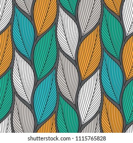 Stylized colorful leaves seamless pattern. Nature universal textures. Hand drawn decorative floral ornamental background. Vector illustration
