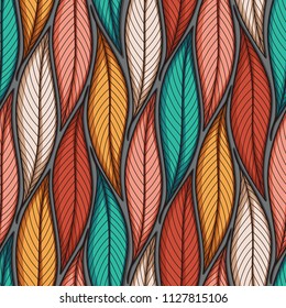 Stylized colorful leaves seamless pattern. Nature universal textures. Hand drawn decorative floral ornamental background. Vector illustration