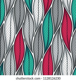 Stylized colorful leaves seamless pattern. Nature universal textures. Hand drawn decorative floral ornamental background. Vector illustration
