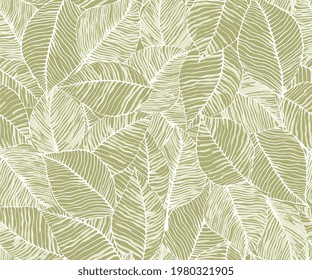 Stylized colorful leaves seamless pattern. Nature universal textures. Seamless stylish leaves pattern in green with white background. 