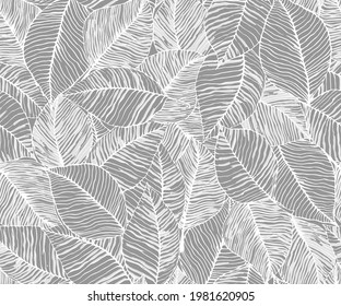 Stylized colorful leaves seamless pattern. Nature universal textures. Seamless stylish leaves pattern in grey with white background. 