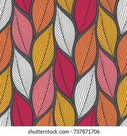 Stylized colorful leaves seamless pattern. Nature universal textures. Hand drawn decorative floral ornamental background. Vector illustration