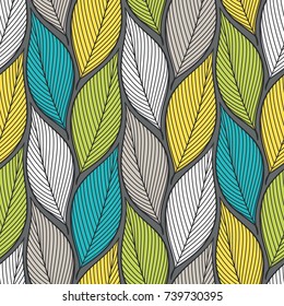 Stylized colorful leaves seamless pattern. Nature universal textures. Hand drawn decorative floral ornamental background. Vector illustration